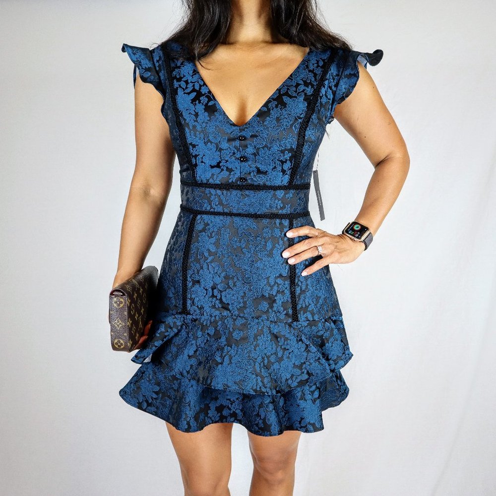 Lulu's Blue and Black Floral Jacquard Mini Dress